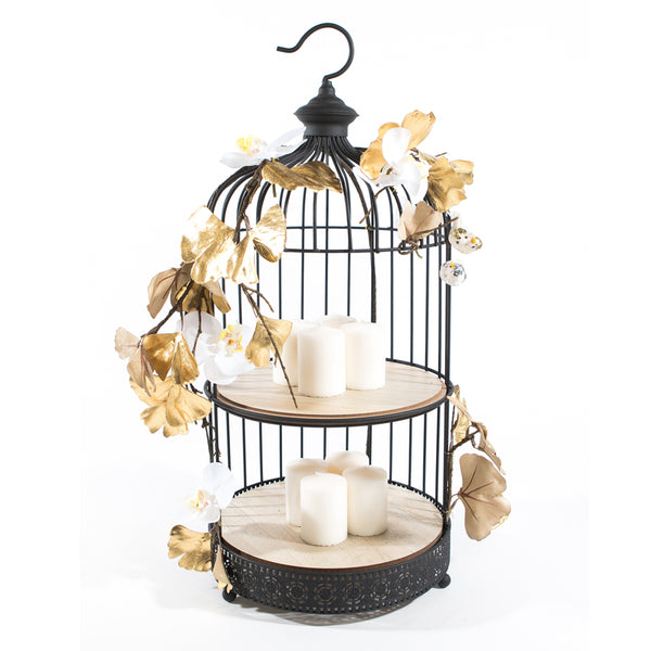 Large 2 tier Black Bird Cage with Orchids & Gold Petals - Large