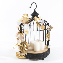 Medium Black Bird Cage with Orchids & Gold Petals - Medium
