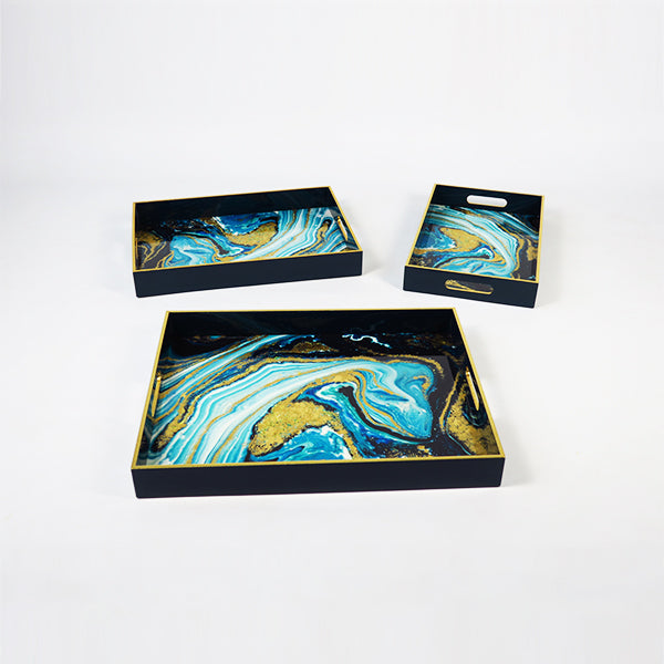 High Gloss Lacquered Serving Tray Black w/ Wavy Green design (set of 3 LMS)