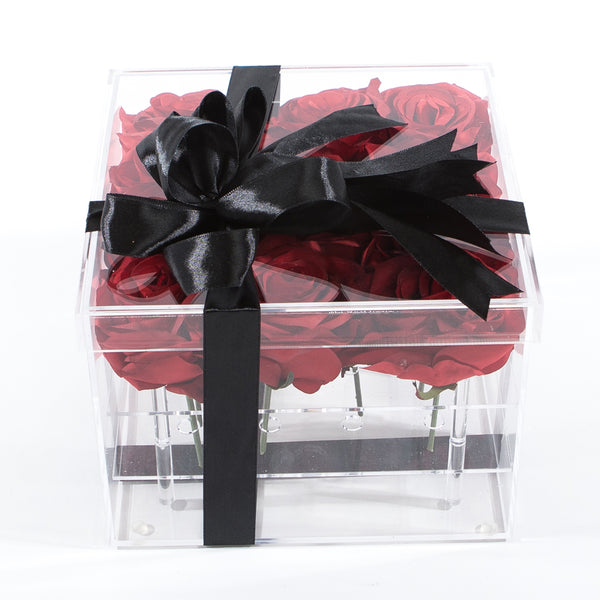 16 Stalks Of Roses In Acrylic Box - Red