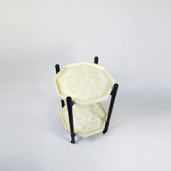 Foldable 2 Tier Trolley w/ Octagon cream white bamboo Trays - Cream