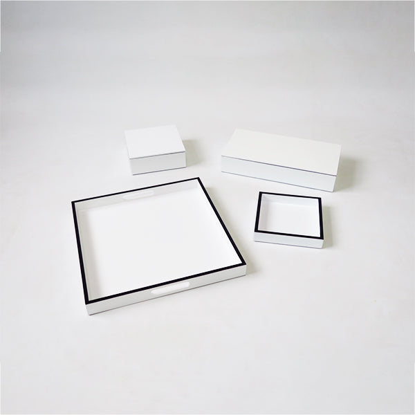 Stationary Set of 4 Combo Trays & Boxes White w/Black Border