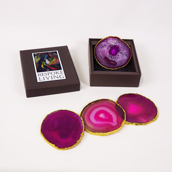 Pink Agate Coaster w/ electroplated gold rim (set of 4)