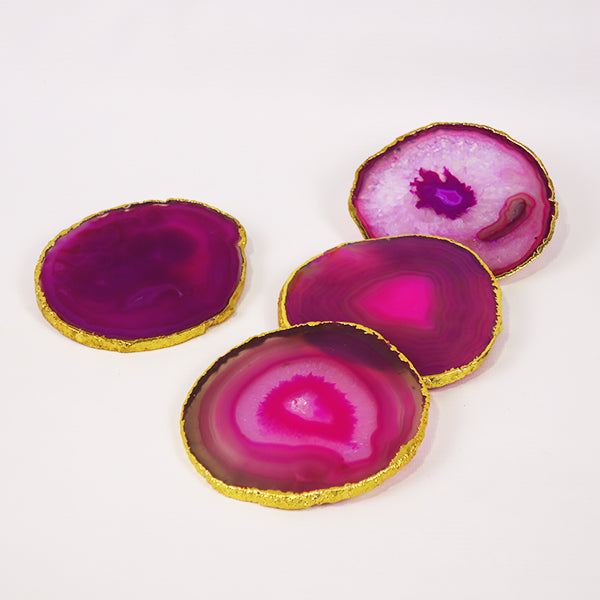Pink Agate Coaster w/ electroplated gold rim (set of 4)
